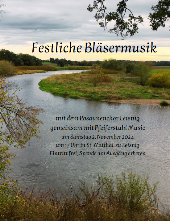 Ein Fluss mit einer Kurve mit Büschen und Bäumen und Text mit der Einladung zum Konzert