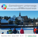 Deckblatt - Menschen im Vordergrund und winterliches Dorf mit Kirchturm im Hintergrund
